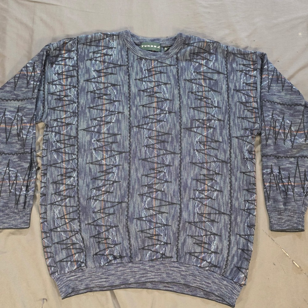 Tundra Canada Vintage 3D Knit Sweater Mens XL Blue Grey Textured 90s Coogi Style